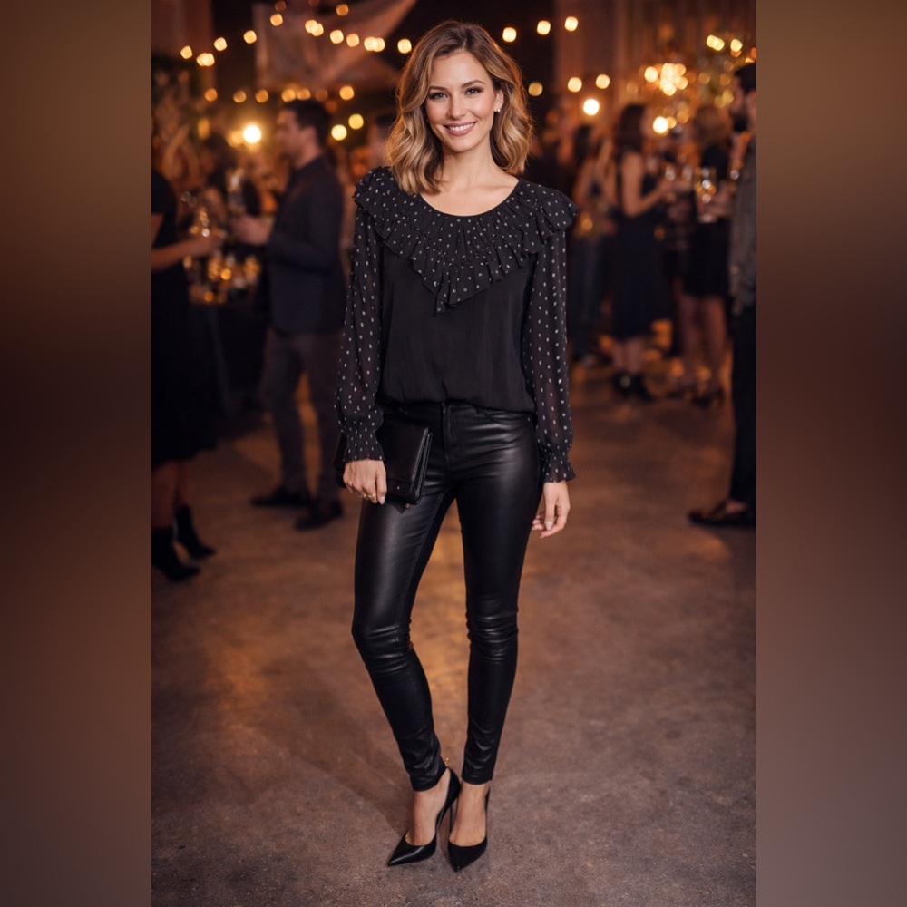 LOFT Black Blouse with Sheer Ruffle Sleeves‎